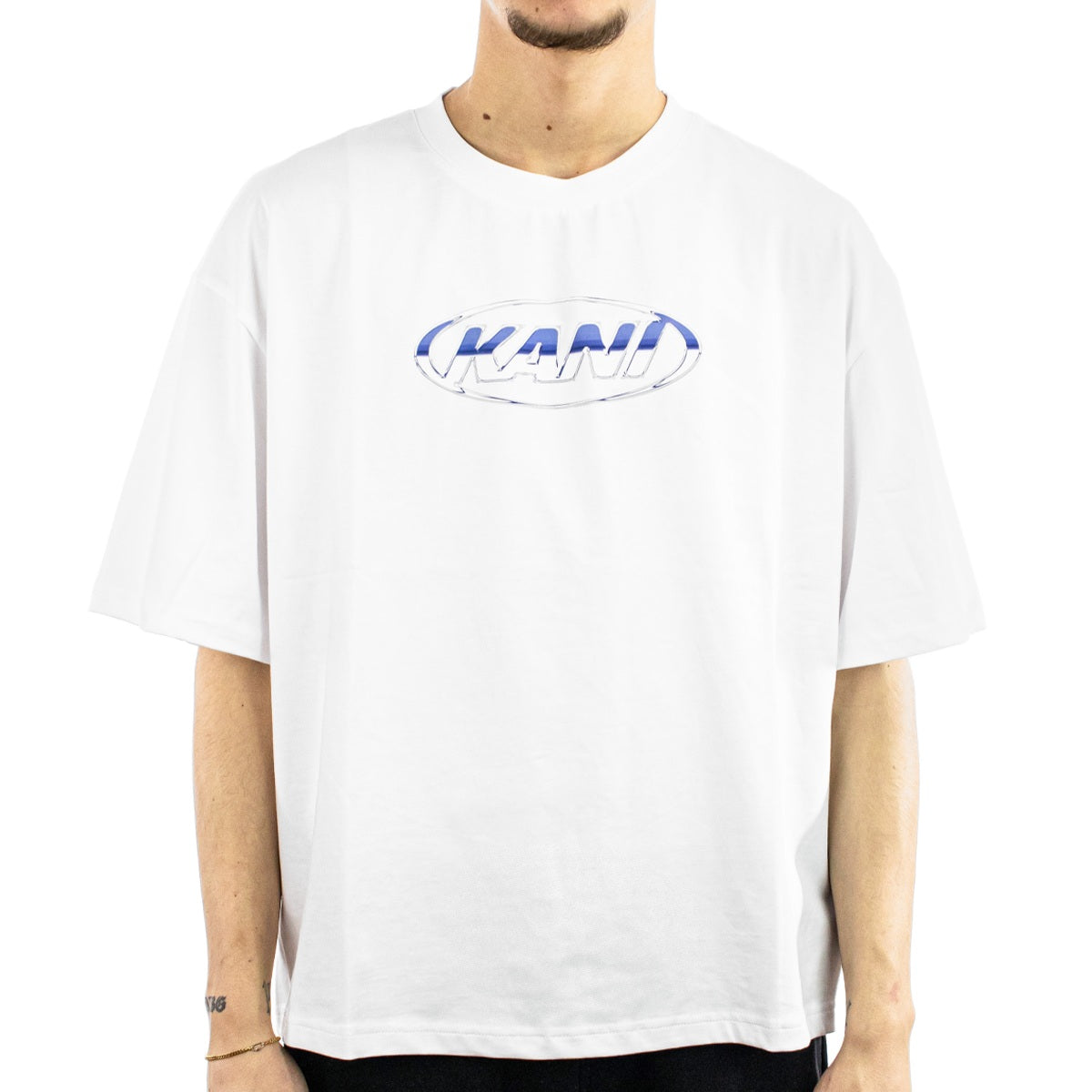 Karl Kani Woven Signature Chrome Logo Crop T-Shirt – White 60300356 – weiss-blau Verkauf